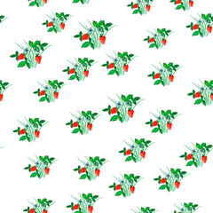 Strawberry seamless pattern. bushes with strawberries, white flowers and green leaves. watercolor.