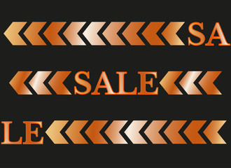 Sale bright letters and directional arrows. Bright orange gradient on black background. Vector pattern graphic for posters, magazines, social networks and stories. Bright concise short sample.