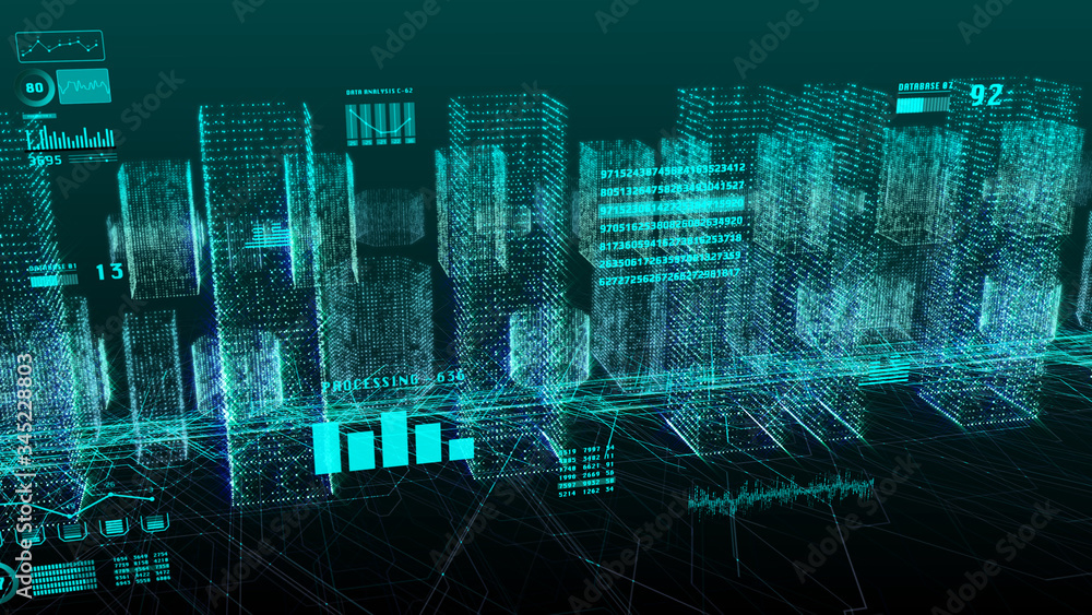 Poster HUD Futuristic Digital Screen Monitor Display Intelligent City Architecture 3D Rendering Illustration Background.