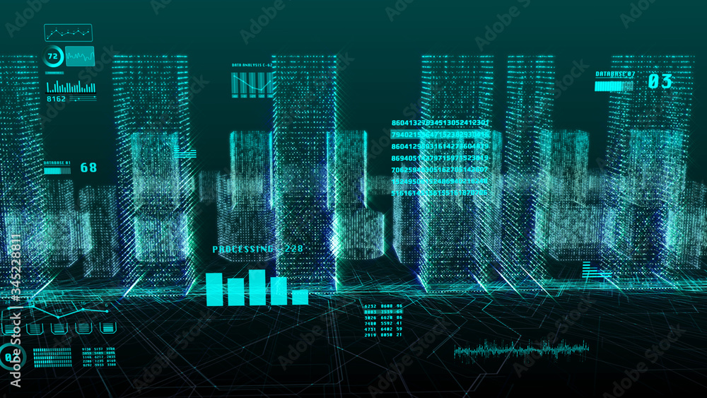 Poster HUD Futuristic Digital Screen Monitor Display Intelligent City Architecture 3D Rendering Illustration Background.
