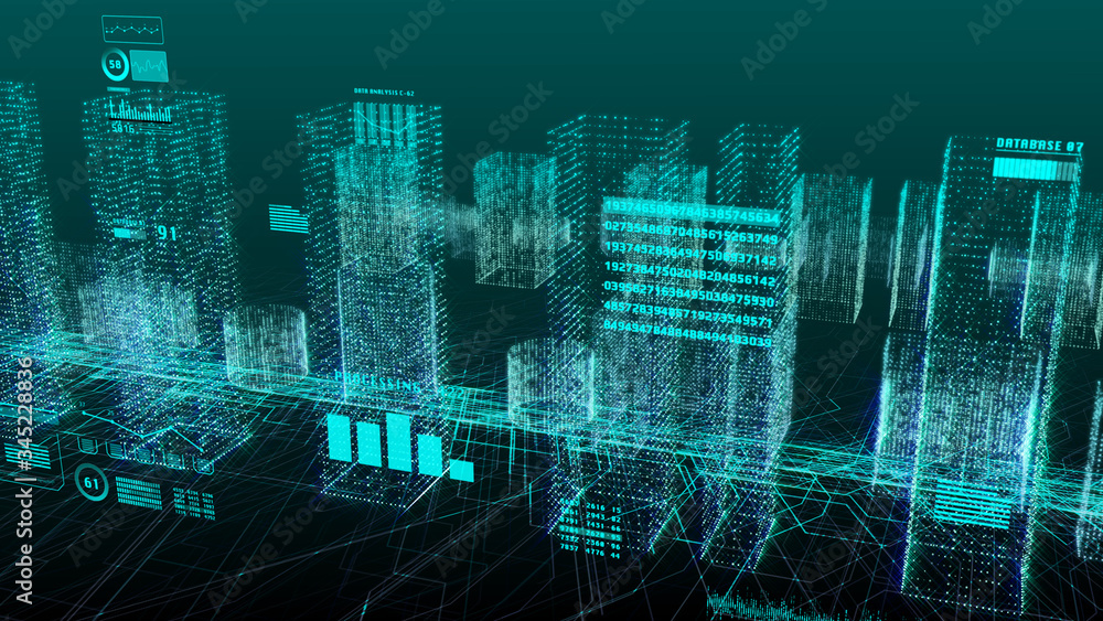 Poster HUD Futuristic Digital Screen Monitor Display Intelligent City Architecture 3D Rendering Illustration Background.
