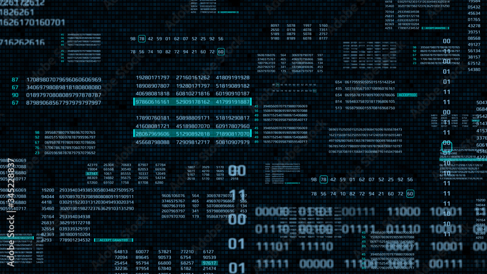Aufkleber Big Data Binary Number Code Perspective Series View Illustration. Statistic Encoder Decoder Futuristic Information Technology Texture Background.