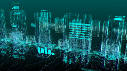 HUD Futuristic Digital Screen Monitor Display Intelligent City Architecture 3D Rendering Illustration Background.