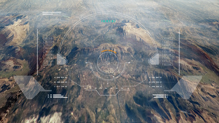 Hud Futuristic Aerial Surveillance Flyover Mystery Mountain For Enemy Target Checking 3D Rendering Illustration..