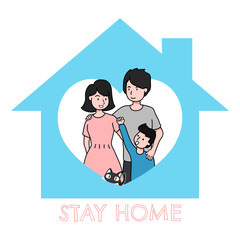 Stay home concept. Big happy family with cat quarantine for social distancing at home campaign. Vector illustration. Home and heart symbol.