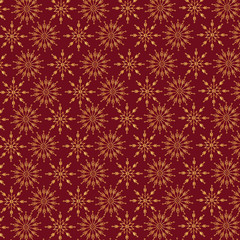 Naklejka na ściany i meble Gold snowflakes on a red background. Vector seamless Christmas pattern