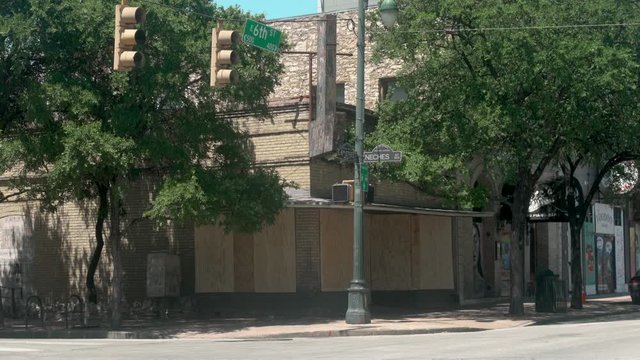 Austin's 6th Street nightlife district boarded up and shuttered during the covid-19 coronavirus pandemic