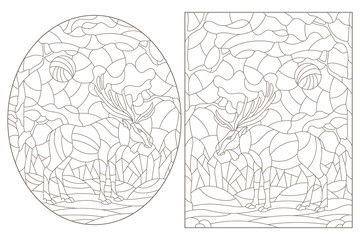 Set of contour illustrations of stained glass Windows with wild mooses on a background of forest landscape, dark contours on a white background