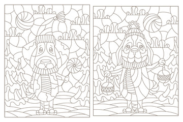 Set of contour illustrations of stained glass Windows on the theme of winter holidays, funny cartoon dogs on the background of winter landscapes, dark outlines on a white background