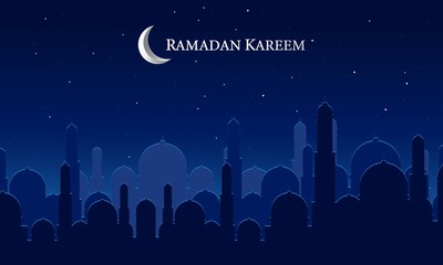 Vector graphic of Ramadan Kareem with Blue Islamic City Night Scane. Fit for greeting card, wallpaper and other ramadan background.