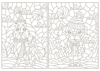 Fototapeta na wymiar Set of contour illustrations of stained glass Windows on the theme of winter holidays, funny cartoon dogs on the background of winter landscapes, dark outlines on a white background