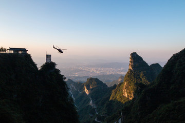 The scenery of Tianmen Mountain in Zhangjiajie, Hunan Province, China at sunset
