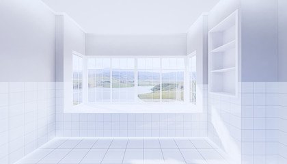 3d rendering of empty toilet room and white tile floor.