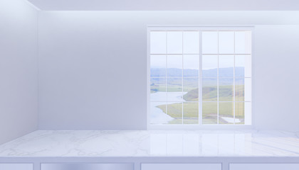 3d rendering of marble countertop product display and window and nature scenery.