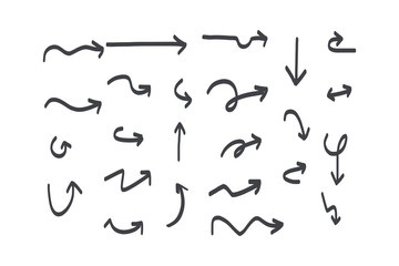 Hand drawn arrows. Doodle direction mark. Handmade sketch symbols set on a white background. vector illustration graphic design elements.