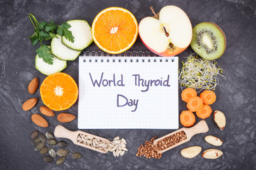 Notepad with inscription World Thyroid Day and best ingredients for healthy thyroid