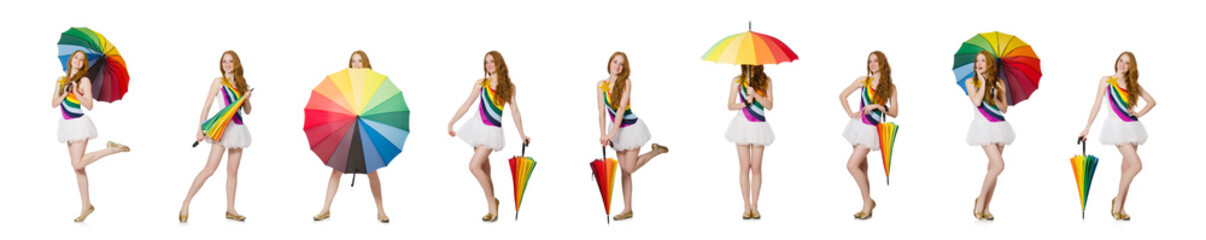 Young woman with umbrella on white