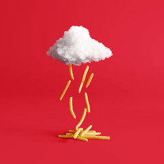 French fries rain on red background. Creative idea. Minimal concept. 3d rendering