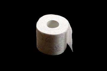 Toilet paper roll. Soft tissue isolated on black background. Cleaning concept product photograph for advertising