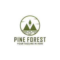 retro brand pine forest vintage logo design template, adventure logo concept