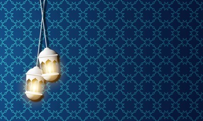 Vector graphic of Ramadan Kareem with White Lantern and Blue Background. Fit for greeting card, wallpaper and other.