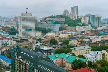 Summer, 2015 - Vladivostok, Russia - Aerial. The central historical part of the city of Vladivostok...