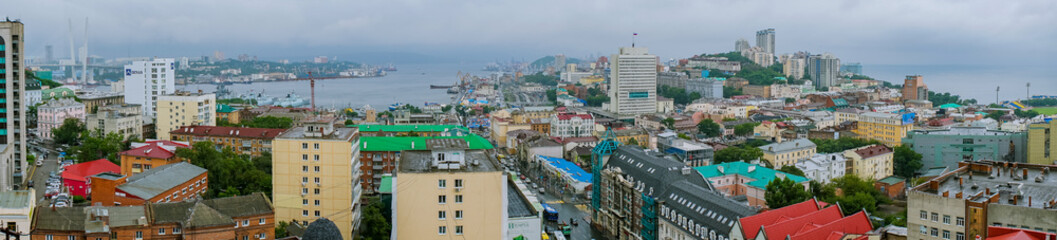 Summer, 2015 - Vladivostok, Russia - Aerial. The central historical part of the city of Vladivostok...