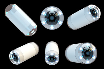 Capsule size camera for endoscopy isolated on black background. The concept of medicine, high technology, stomach disease, digestive tract disease. 3D rendering, 3D illustration.