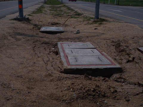 Drain Catch Basin Concrete Over Grass Lawn