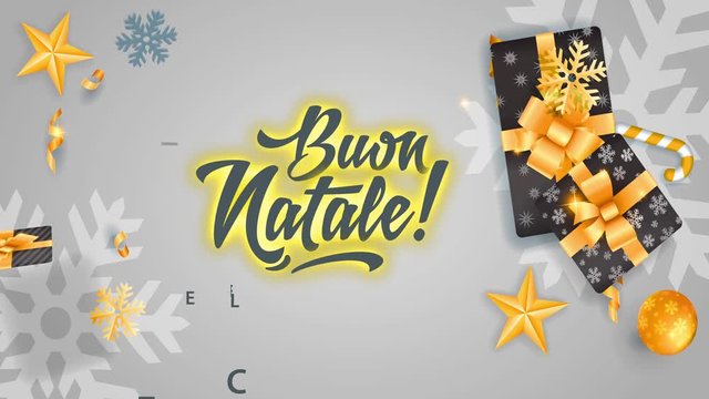 buon natale e felice anno nuovo written in gala typography with giving boxes candy canes constellation and flake lying surrounding as decoration