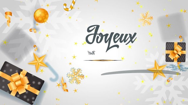 german joyeux noel et bonne annee written on white scene with offer boxes wrapped with xmas paper with flake and gold bows surrounded by galaxy confetti and timber bulbs