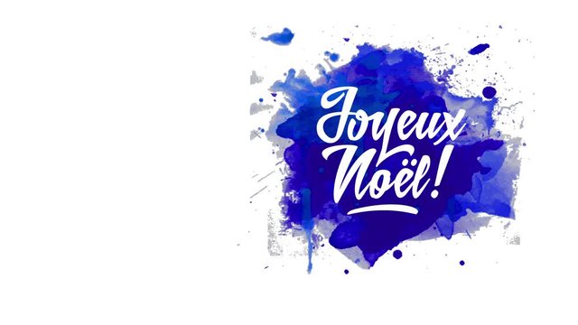 french merry christmas with words joyeux noel script with warm hand drawn typography over blue watercolour grunge