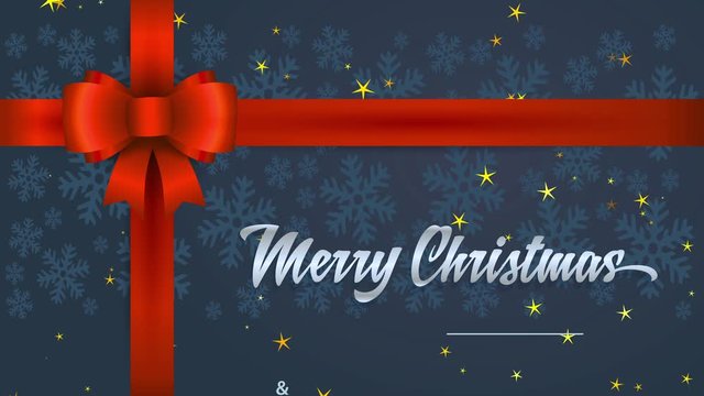 merry christmas and satisfied new year with cursive script words written on a giving detail with red bow and wrapping cardboard with flake
