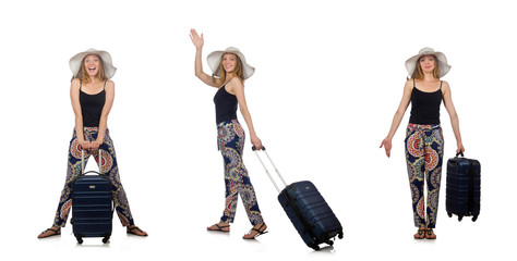 Fototapeta premium Woman ready for summer travel isolated on white