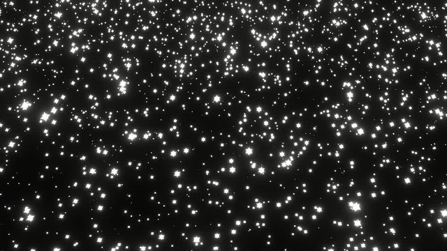 White Stars Fall Down and Move Out Pass Camera on Black Space Background. Stars motion background