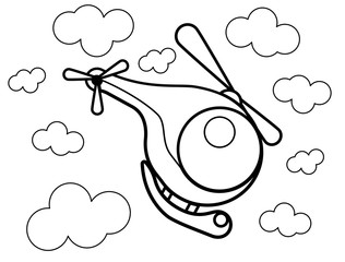 template for baby coloring. illustration with a toy cartoon helicopter flying through the clouds