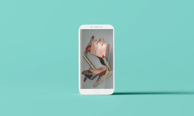 Fashion accessories bag, high heels, lipstick in smartphone on blue background. Online shopping concept. 3d rendering