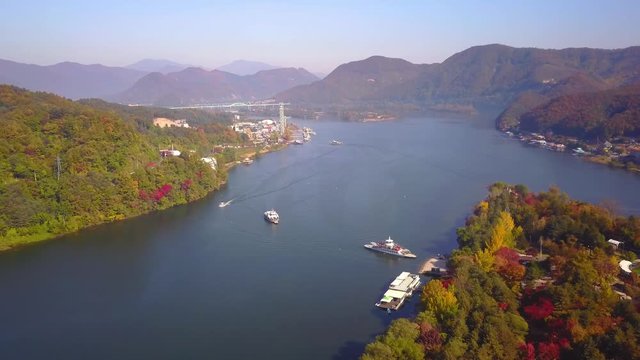 Aerial video of Nami island during Autumn season, South Korea. Aerial landscape of Nami island.