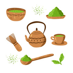 Matcha green tea vector set - matcha powder, latte, mochi, tea pot, bowl, bamboo spoon, whisk, tea leaves.