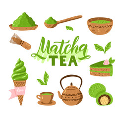 Matcha green tea vector set - matcha powder, latte, mochi, tea pot, bowl, bamboo spoon, whisk, tea leaves. Asian japanese and chinese drink ceremony. Vector illustration isolated on white background.