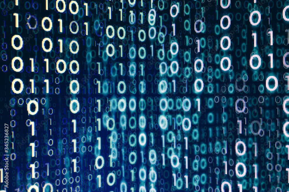 Aufkleber power of big data. binary code information bit on computer monitor screen display. Led light text number one and zero. blur defocus blue bokeh light. technology graphic design background concepts