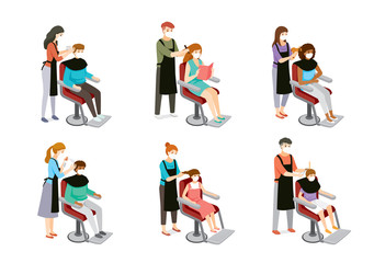 Fototapeta na wymiar Set Of Hairdresser Doing Hair Of Customers, Man, Woman, Boy And Girl, Hairdressing Equipments