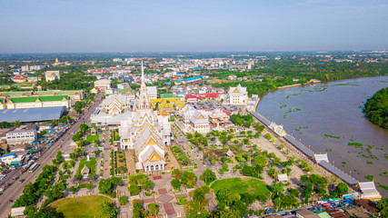 Aerial view of great grand architecture of Wat Sothon Wararam Worawihan located near Bang Pakong river in Chachoengsao province, Thailand.