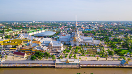 Fototapeta premium Aerial view of great grand architecture of Wat Sothon Wararam Worawihan located near Bang Pakong river in Chachoengsao province, Thailand.