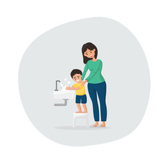 Protect your self from corona virus (Covid-19) disease concept, A woman teach her son washing hands with antibacterial soap sanitizer.