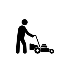 Fototapeta premium Man with lawn mower isolated on white background. Gardener with lawn mower sign