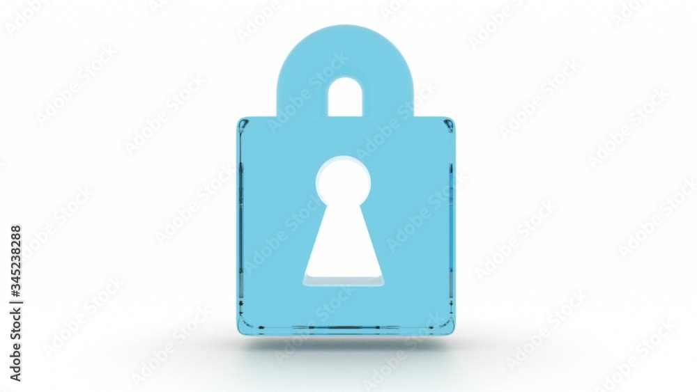 Poster safe storage of information. a padlock made of blue transparent material rotates on a white backgrou