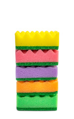 Stack of sponges for washing dish on white.