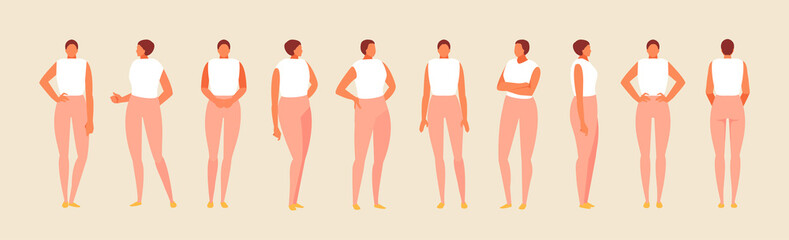 Standing girl character in various positions, front, side and back view. Vector template