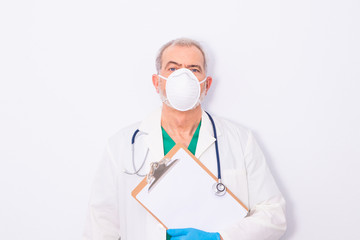 doctor with mask and gloves isolated on white background